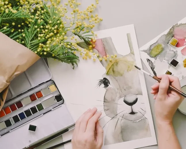 Bunny Easter and Falling Mimosa Flowers